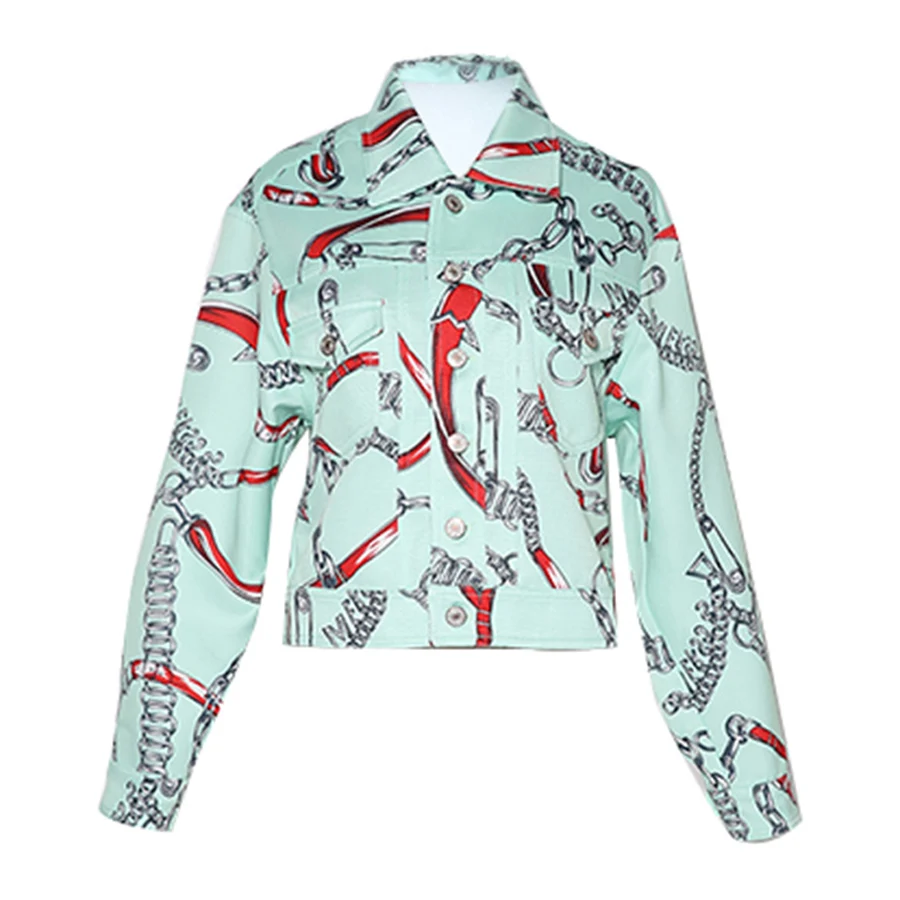 

Wholesale Runway Denim Short Jacket Women Autumn Spring Winter Long Sleeve Chain Printed Fashion Design Luxury Top