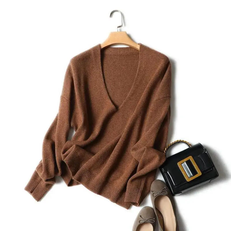 

Shuchan Cashmere Sweater Women Deep V-neck Pullovers Solid Warm Winter Tops For Women 2018 Knit Top Women Designer Sweater