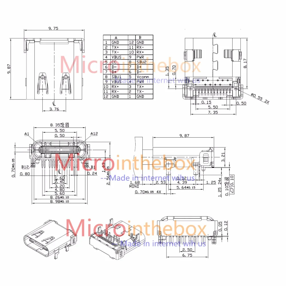 100 шт./лот USB разъем типа C 3 1 гнездовой 24Pin 12Pin SMD + DIP с 4 фиксированными ножками лента