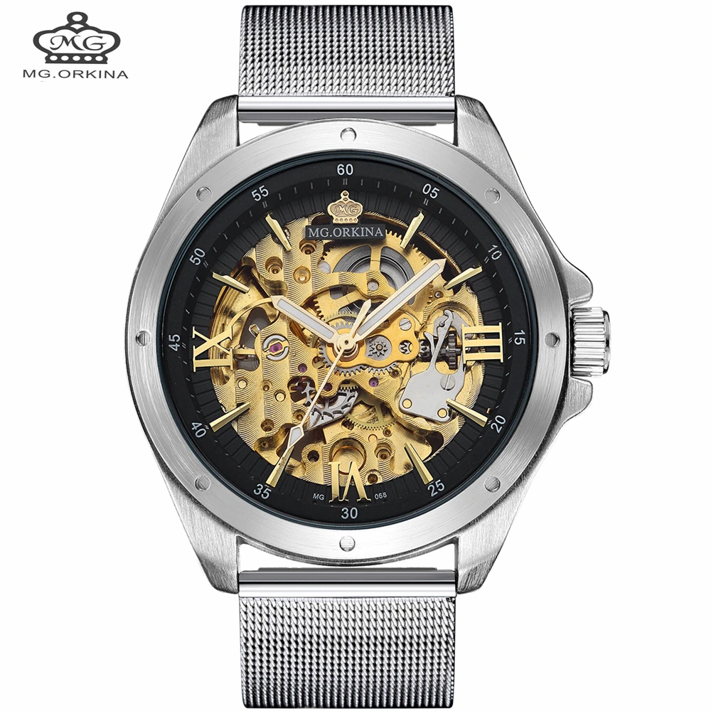 Часы Orkina мужские автоматические механические золотистые часы скелетоны