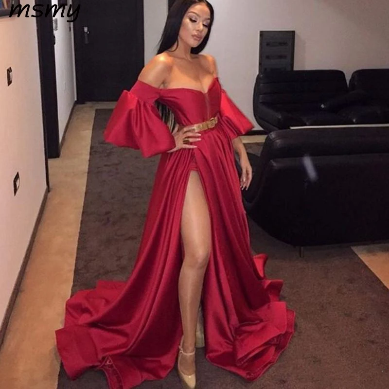 Sexy Side Slit Evening Dresses Glamorous Off Shoulder Long Sleeve Golden Sash Party Dress Stylish A-Line Floor Length Celebrity | Свадьбы и