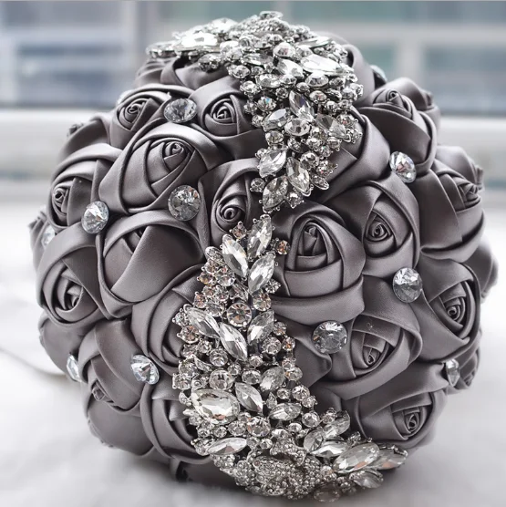 Bling Кристалл Брошь Свадебный букет Искусственные цветы розы подружки невесты ручной работы на заказ Малый атлас