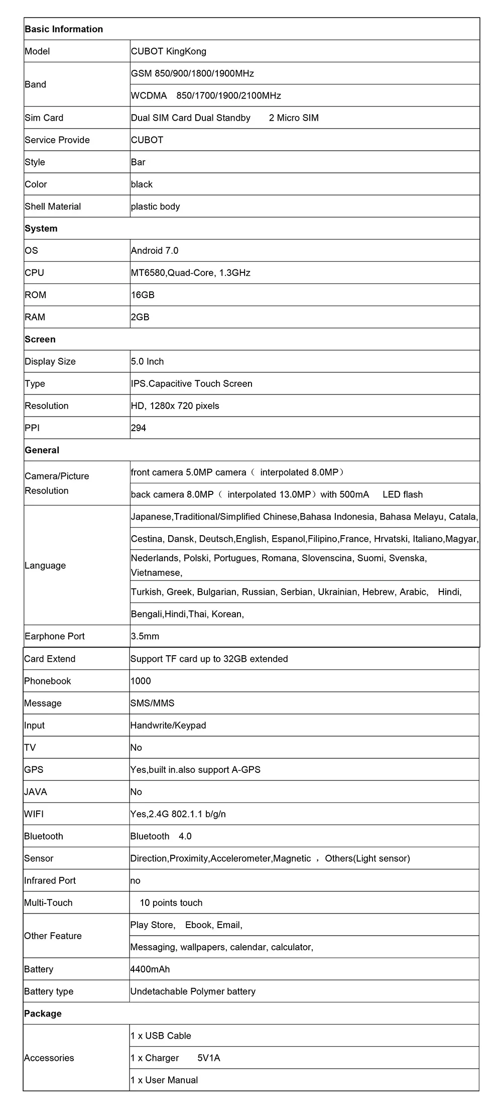 Cubot Kingkong IP68 водонепроницаемый ударопрочный мобильный телефон 4400 мАч MT6580 четырехъядерный Android 7,0 2 Гб ram 16 Гб rom смартфон