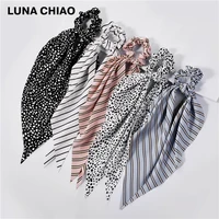 luna chiao fashion women hair accessories striped printing hair scarf scarves long tail scrunchies hair holder