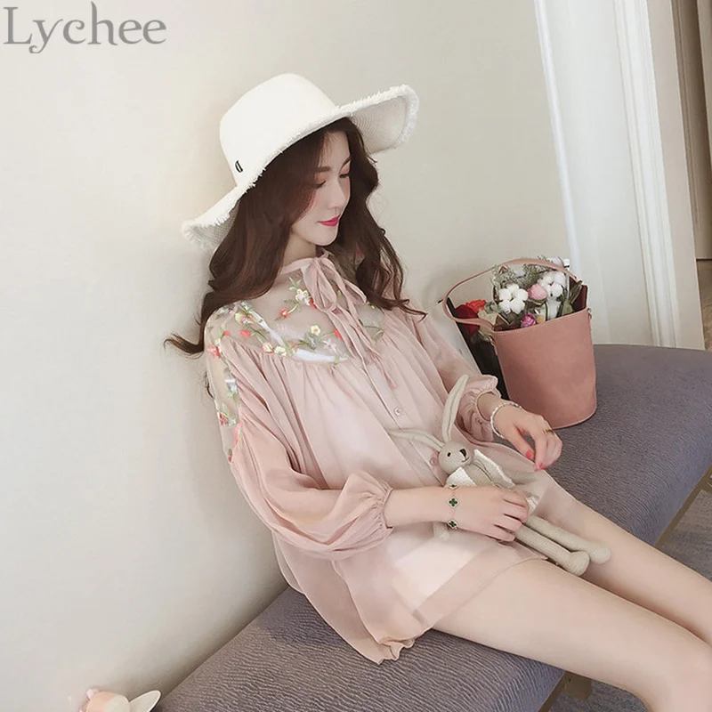 Женская шифоновая блузка с цветочной вышивкой и рукавами фонариками|chiffon shirt