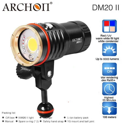 ARCHON DM20 II WM26 II Точечный светильник для дайвинга белый COB max 6000 люмен подводный 100 м водонепроницаемый видео светильник для дайвинга с батареей - Испускаемый цвет: DM20 II Set
