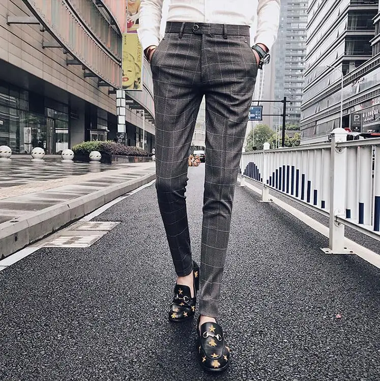 Sunwang зима толстые костюм брюки Для мужчин Slim Fit Мода платье в клетку штаны