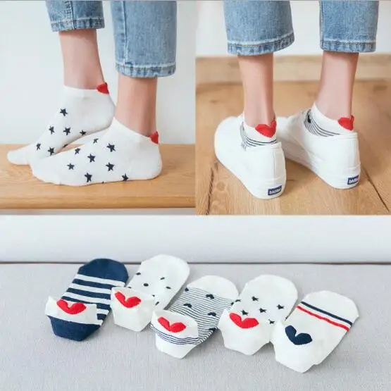 Женские хлопковые носки розовые милые короткие носки с котом короткие носки повседневные носки с ушками животных и красными сердечками, носки для девочек, 5 пар, Размеры 35-40 - Цвет: C