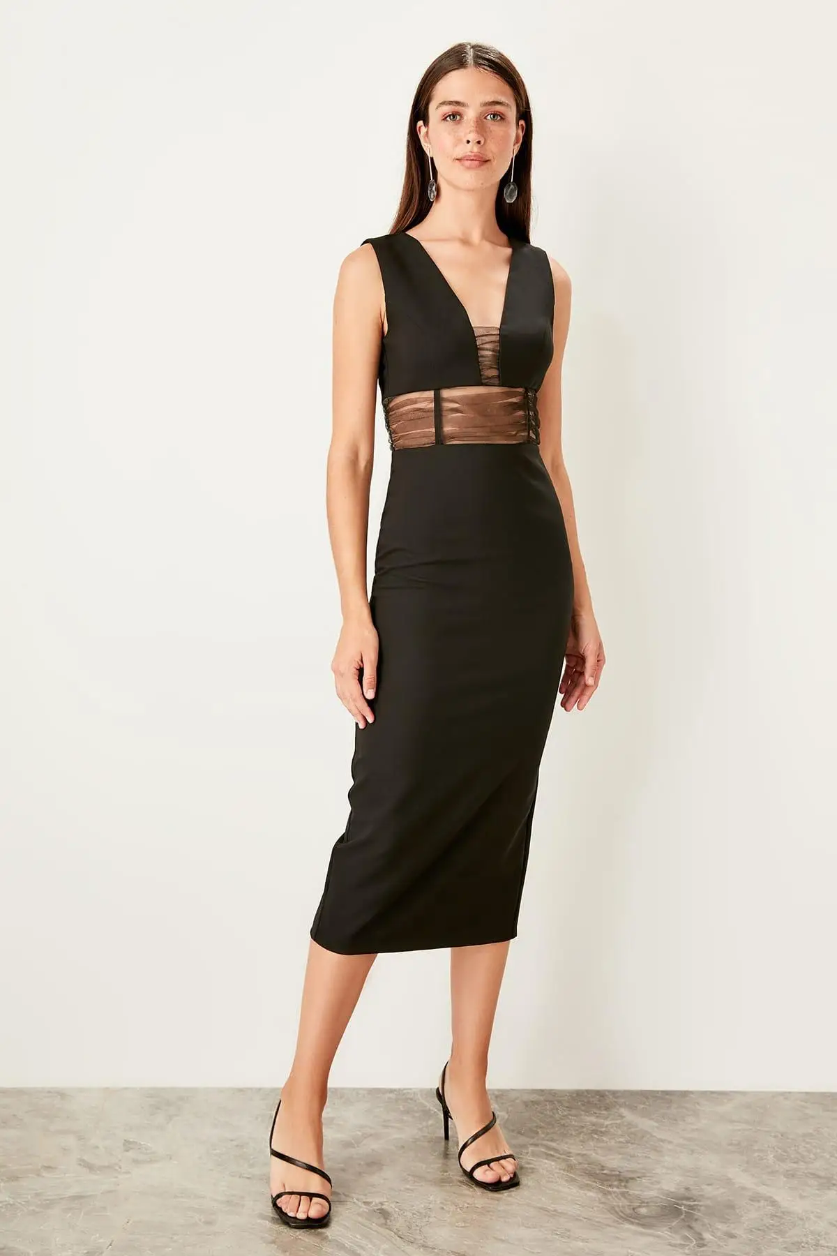 Trendyol черное приталенное платье TPRSS19BB0559|Женские платья| |