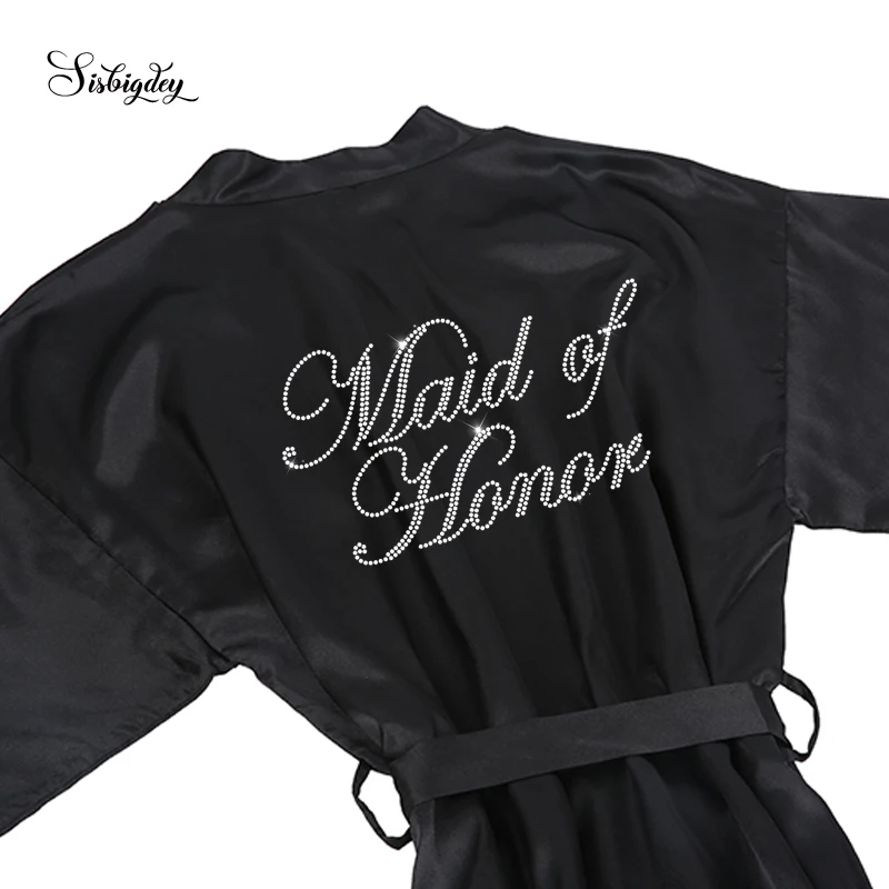 

Sisbigdey black bride satin robe Bridesmaid Kimono Rhinestone Short Wedding Bathrobe Brides bridal Party robes