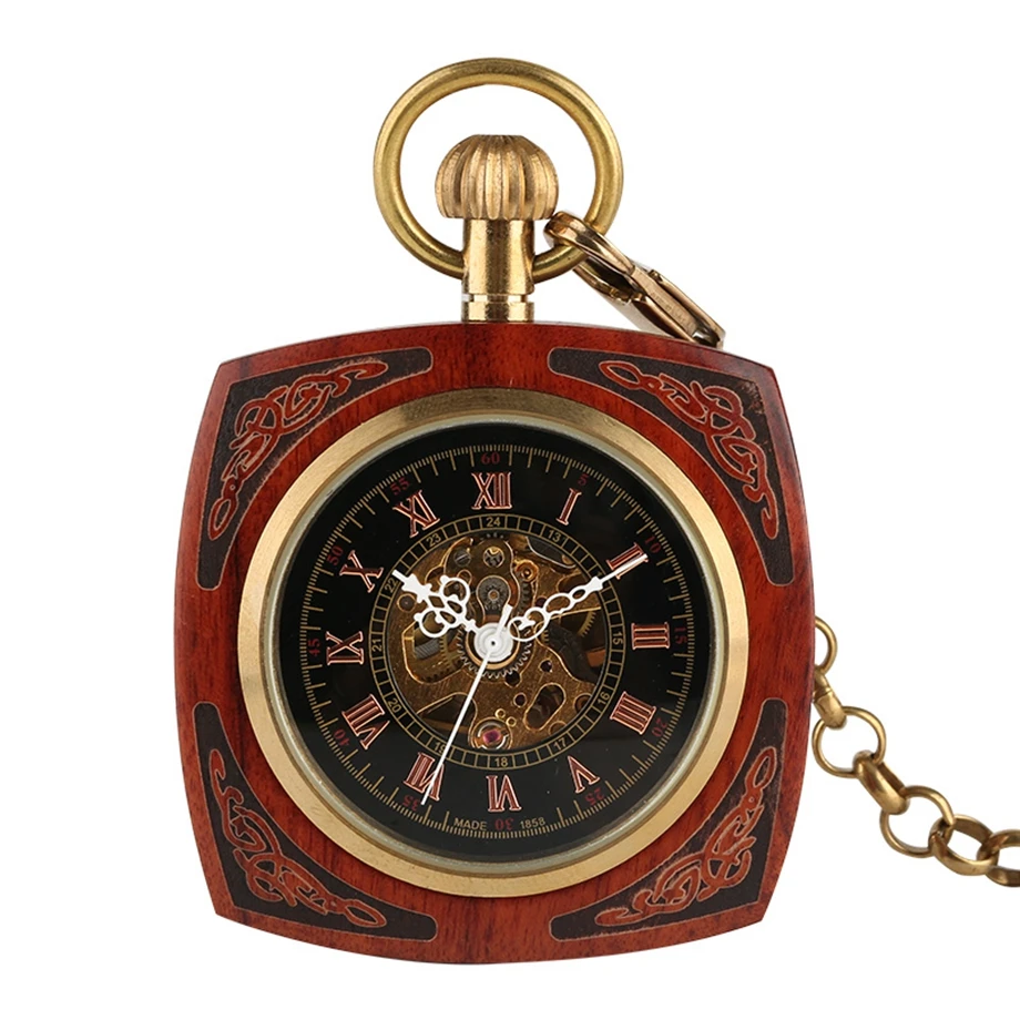 

Retro Bronze Square Mahogany Open Face Pocket Watch Steampunk Automatic Self-Wind Women Men Gift Automatic Fob Watches