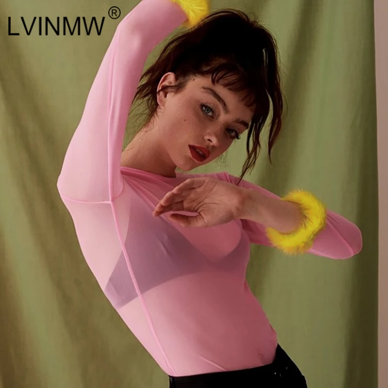 LVINMW/сексуальная розовая сетчатая Прозрачная Футболка из искусственного меха 2019