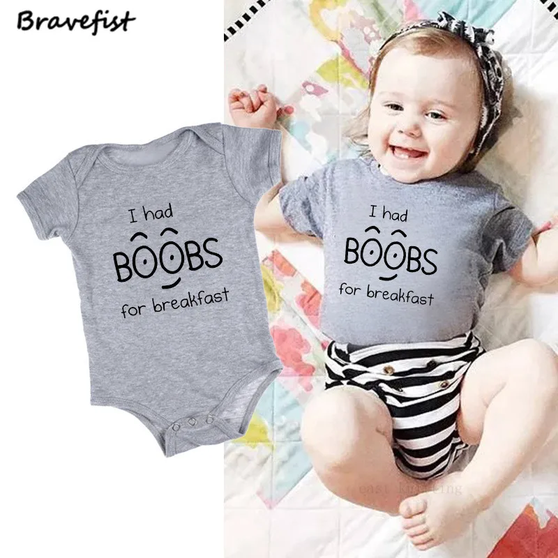 

Cute Baby Bodysuits 0-24Months Summer Children Clothes I Had Boobs For Breakfast Letters Print Infant Jumpsuits Kids Outfits