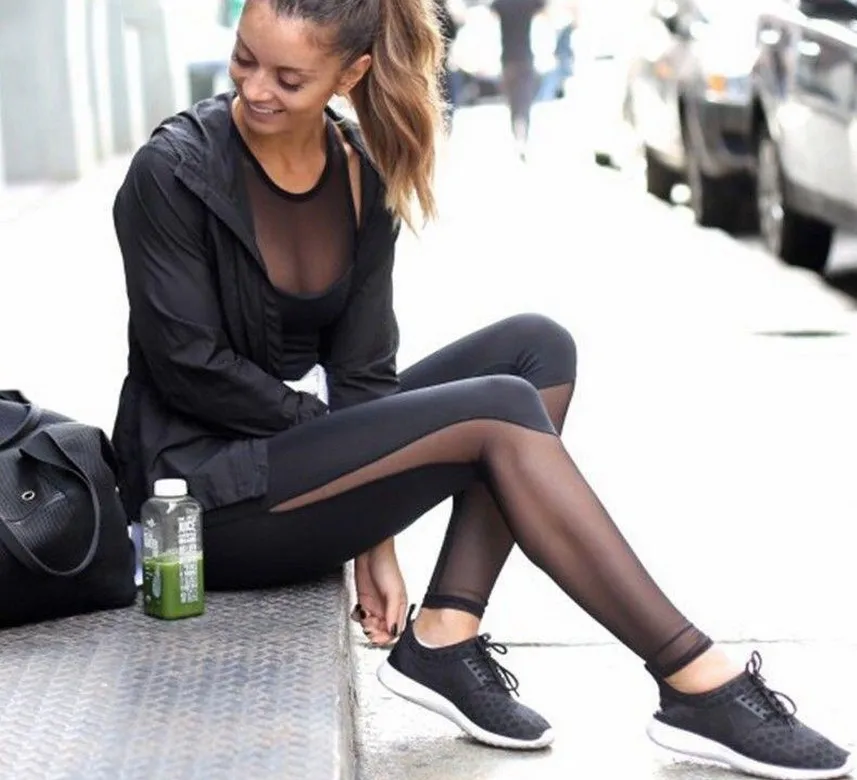 Для женщин Высокая Талия Кальсоны йоги сетки лоскутное Леггинсы для Новинка 2017