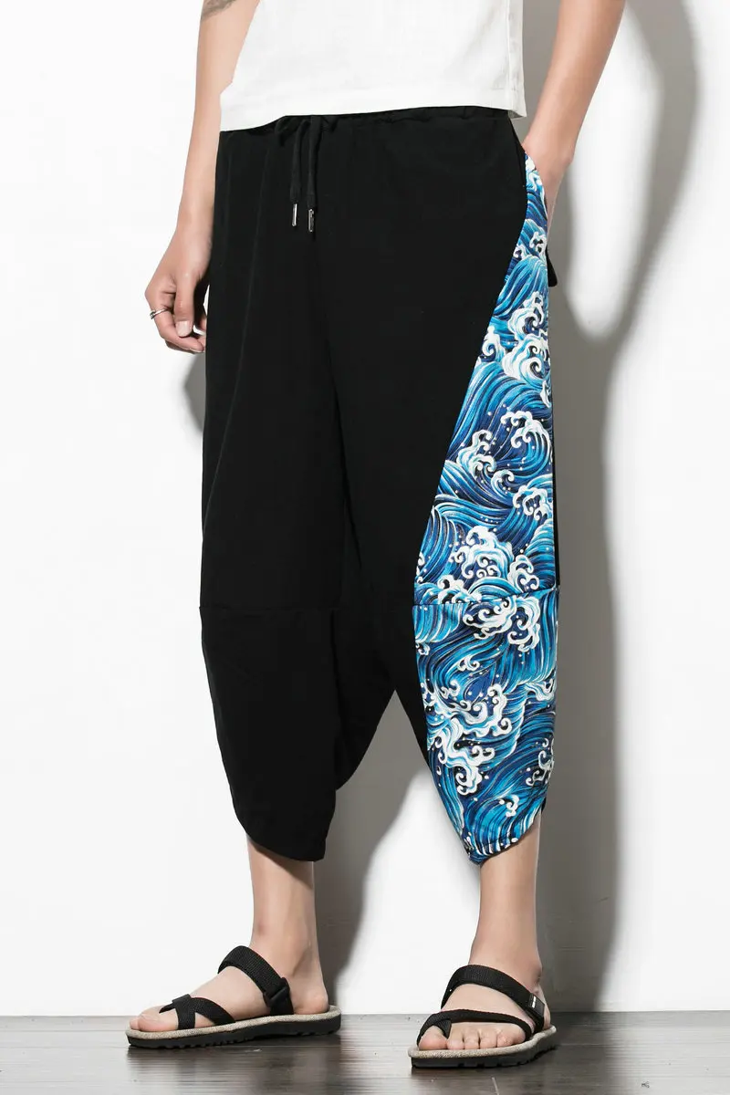 

National patchwork loose thin wide-legged beach shorts Chinese style summer Lantern shorts black linen casual harem shorts M-5XL