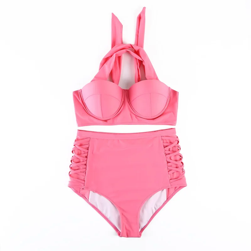 

2018 Plus Size Bikini Set Solid Color Women High Waisted Push Up Swimsuit Bandage Swimwear Ladies Big Chest Biquini Bathing Suit