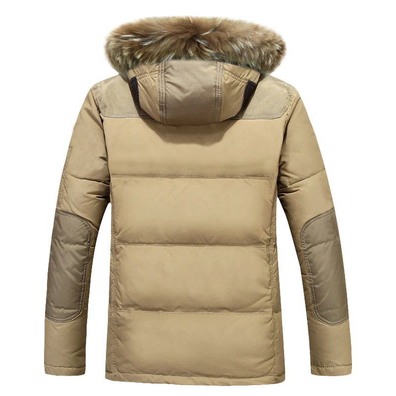 Мужской толстый пуховик на 90% белом утином пуху с меховым капюшоном однотонная