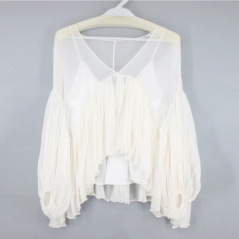 

2020 New Arrival Summer Women Europe Style Big Lap 100% Silk Blouse Sexy Cute V-neck Lantern Sleeve Illusion Tops