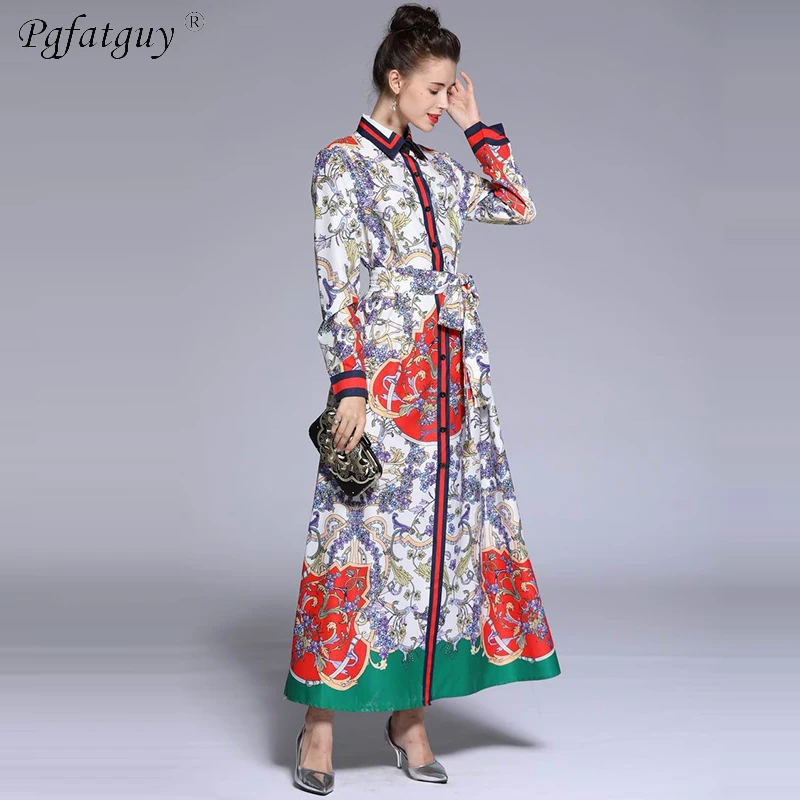 2018 новое длинное платье с отложным воротником и высокой талией женское принтом