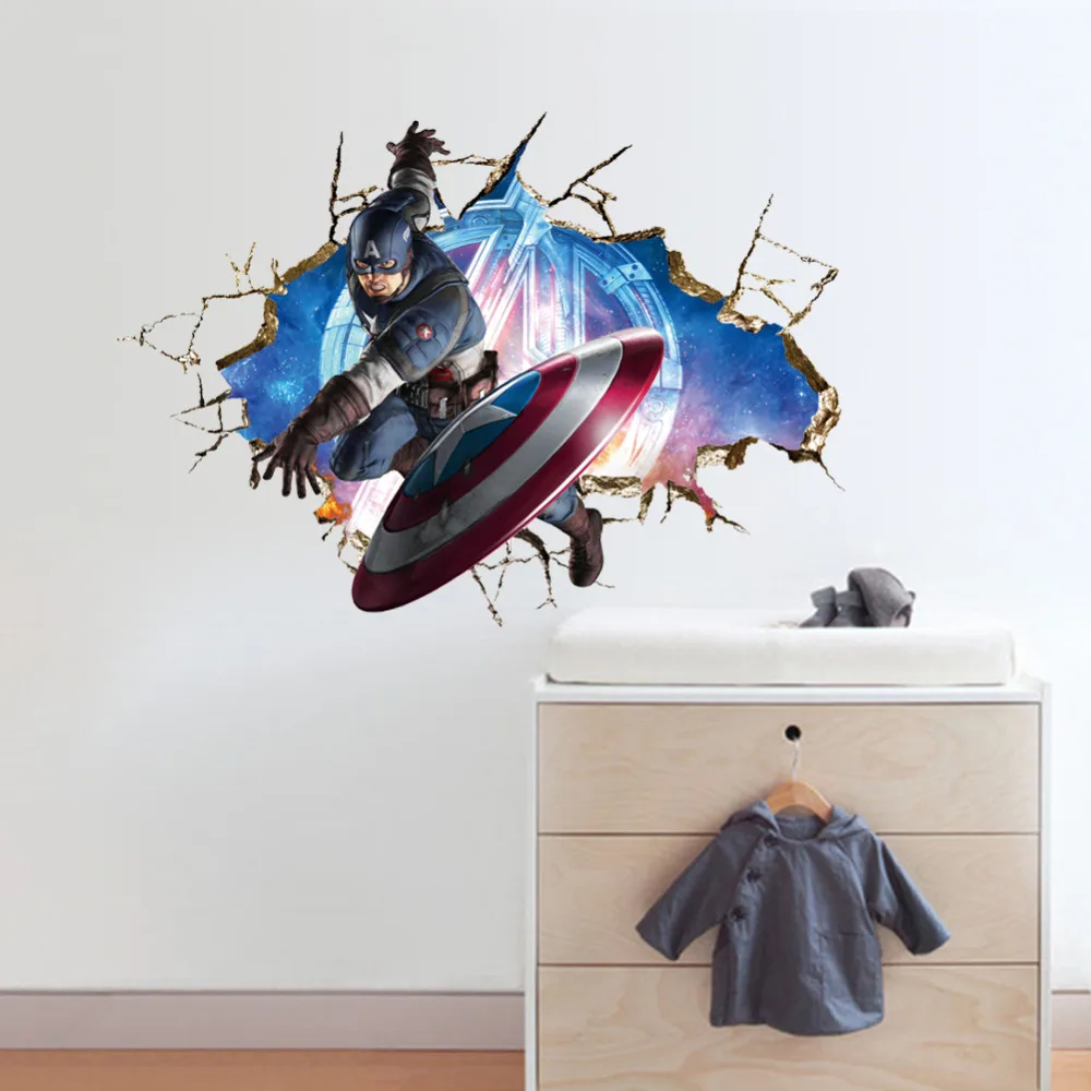 

Avengers 3D Through Wall Stickers Decals Art for Baby Nursery Home Decoration Captain America WallPaper Kids Cartoon Poster Y008