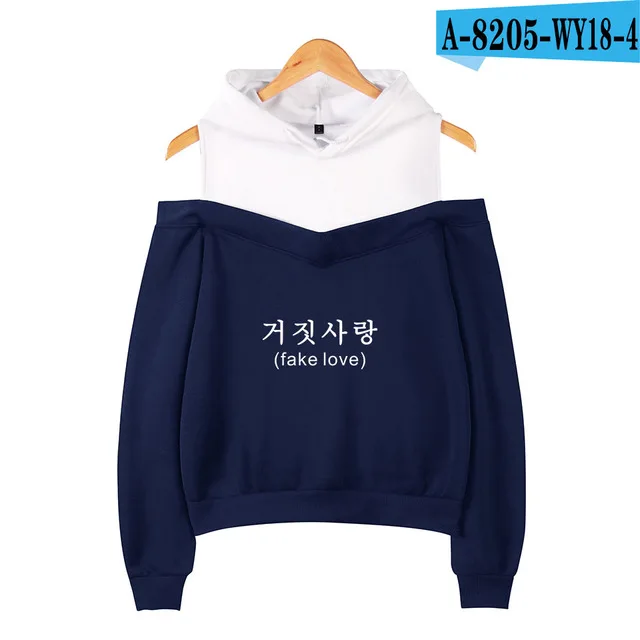 LJ-navy blue Новое поступление, розовые K-pop Bangtan толстовки для мальчиков, женские Модные свитшоты, с принтом Fake Love, хип-хоп, с открытыми плечами, худи, фанаты, любимые - Цвет: LJ-navy blue