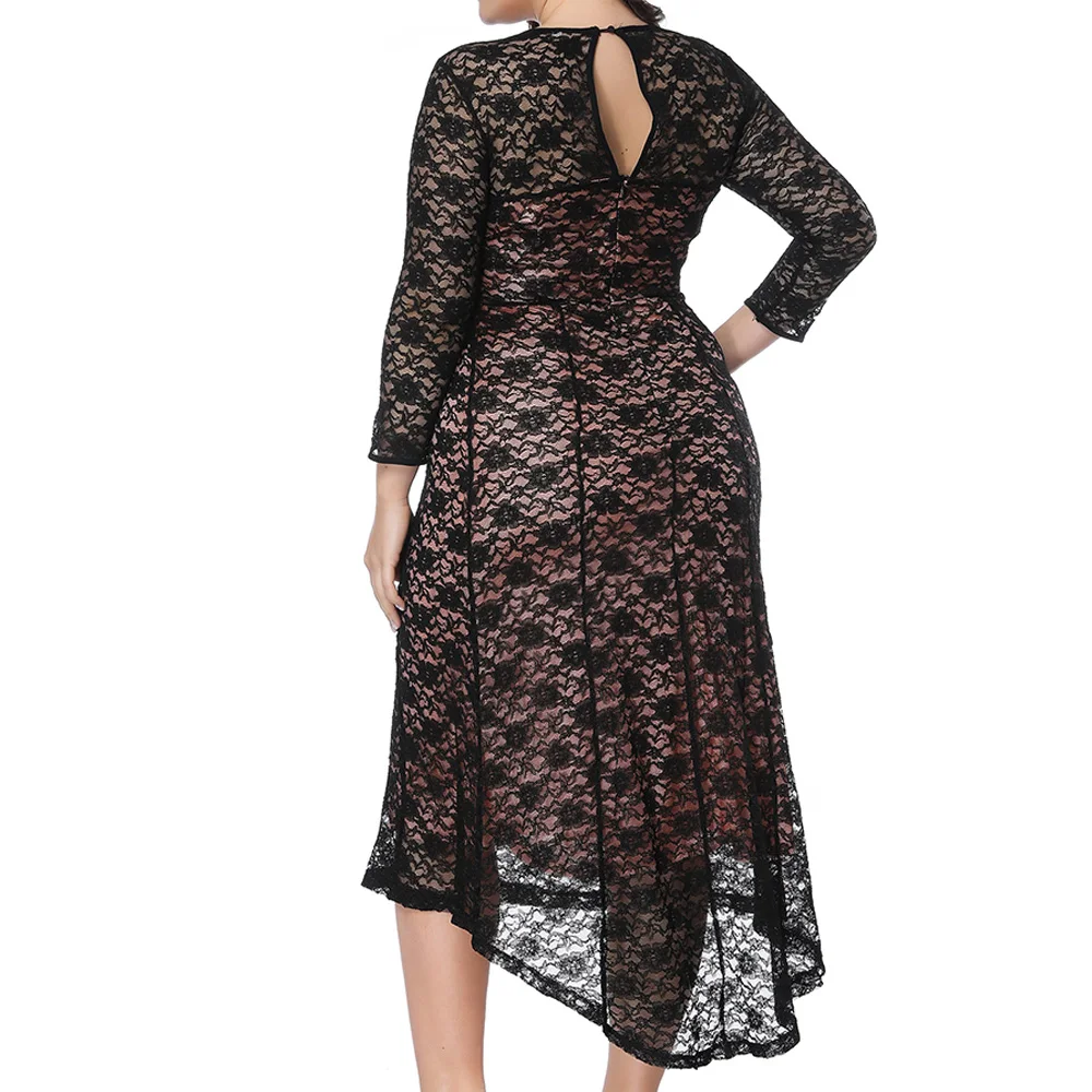 Women Black Plus Size Summer Lace Dress 2019 Elegant Hollow Out Big Formal Sexy Midi Large Party Dresses Vestido |