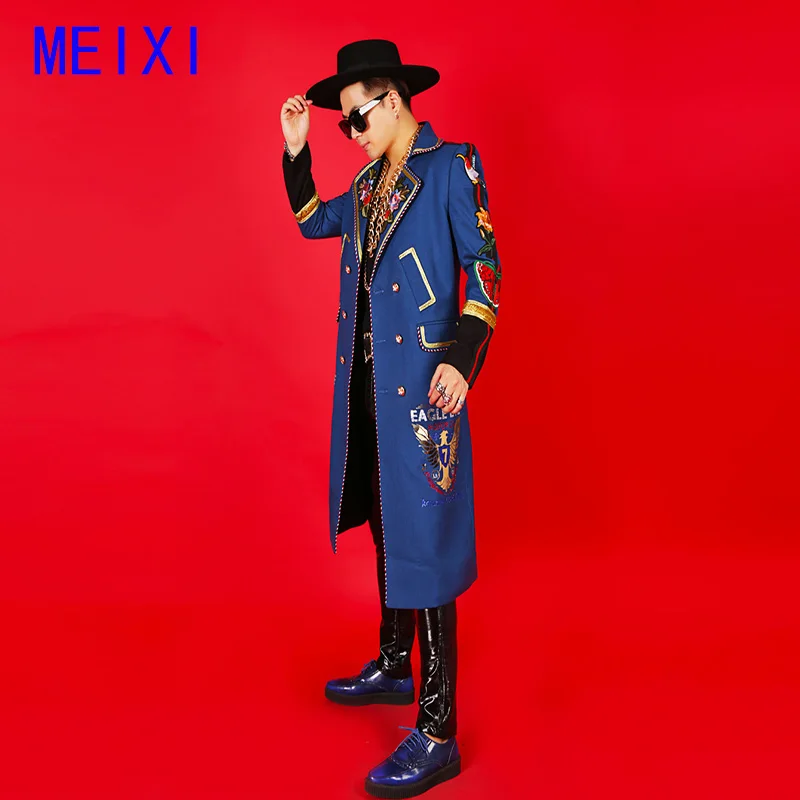 Костюм Kris wu Королевского синего цвета украшенный вышивкой длинный мужской Тренч