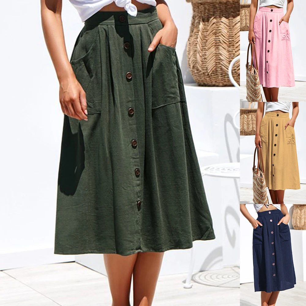 

Summer Solid Color Long Skirts Womens 2019 Casual A-Line Pockets Skirt Femme Loose Beach Yellow Skirts Spring Vestidos S~XL