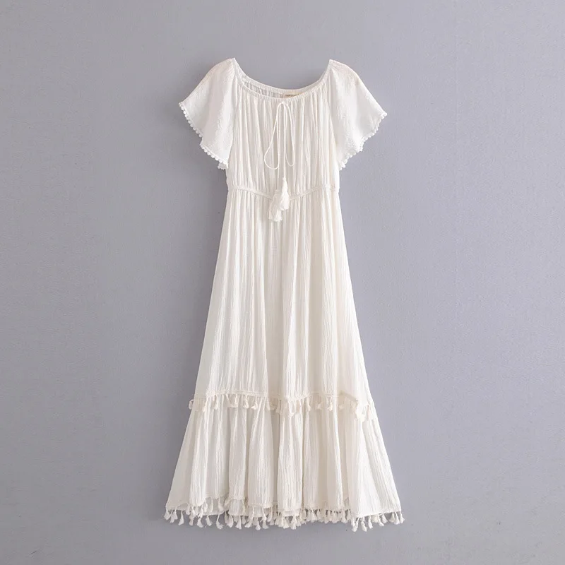 Ordifree/лето ; Boho; Женское Платье макси с открытыми плечами; с вырезом лодочкой; с кисточками; цвет желтый, белый; сексуальное длинное пляжное платье-туника