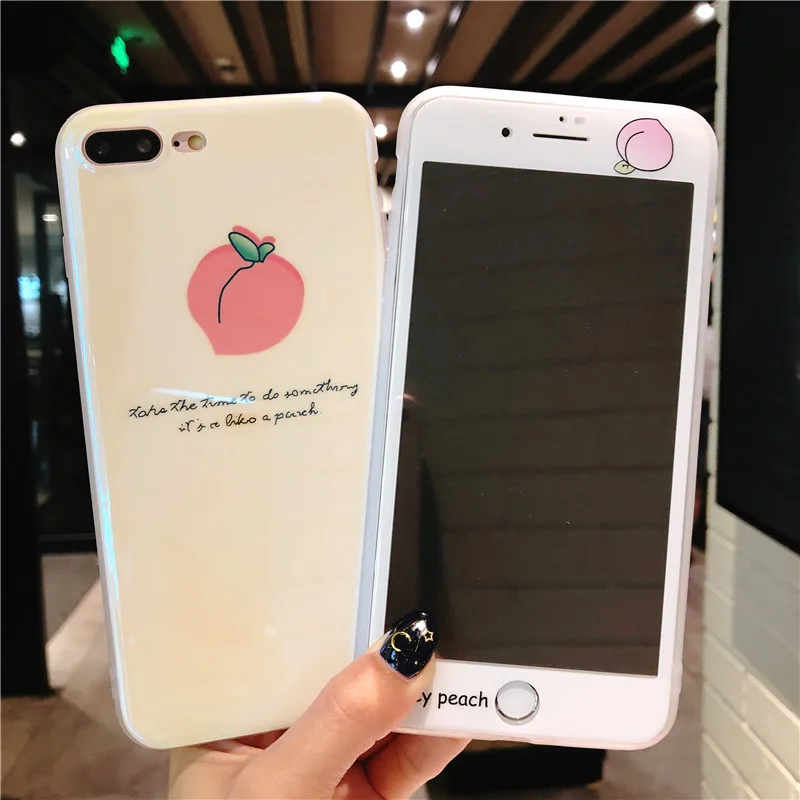 For iPhone X Pink Lovely case + Tempered Glass Screen film 6 6S 6Splus 7 7plus 8 8Plus Cute peach back Cover |