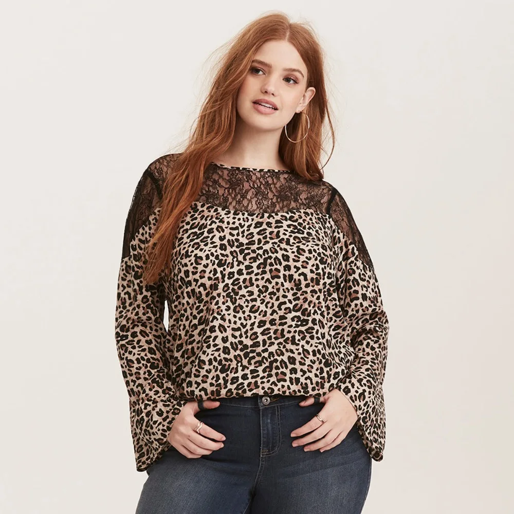 Kissmilk 2018 Большие размеры Leopard цветочные кружева лоскутное Для женщин блузки