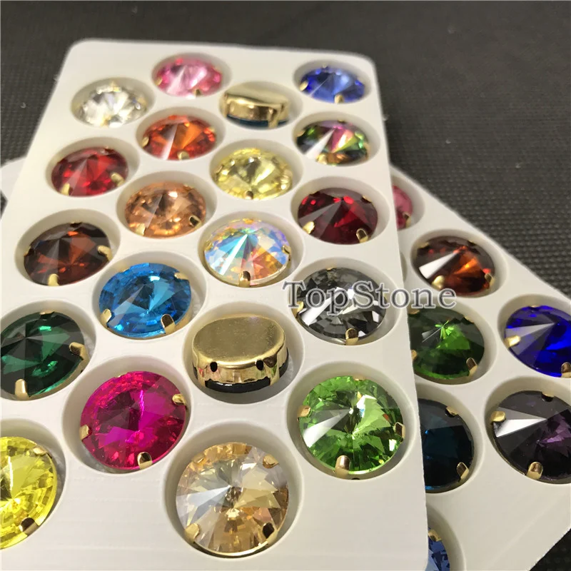 TopStone Round Rivoli Sew On Rhinestones With Gold Claw Setting 8 10 12 14 16 mm Sewing glass crystal stones for clothing | Дом и сад
