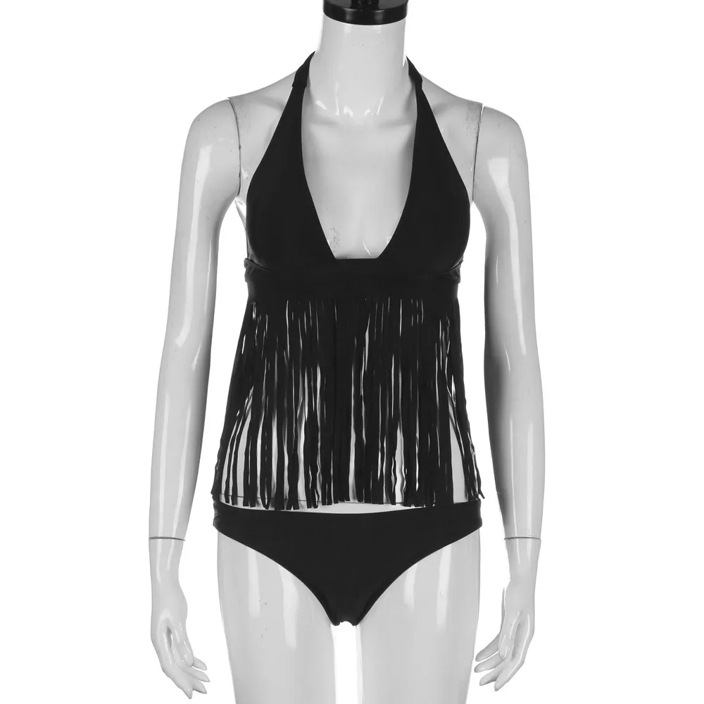 Biquinis Feminino,, черный купальник с кисточками, женский, элегантный, сексуальный, глубокий v-образный вырез, микро бикини, пуш-ап, женский бикини, стринги# JO