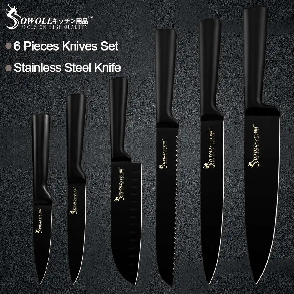 A.6PCS SET Sowoll 6 шт. набор кухонных ножей из нержавеющей стали, полностью черные ручки, бесшовный сварочный нож для нарезки хлеба Santoku, нож для очистки овощей - Цвет: A.6PCS SET