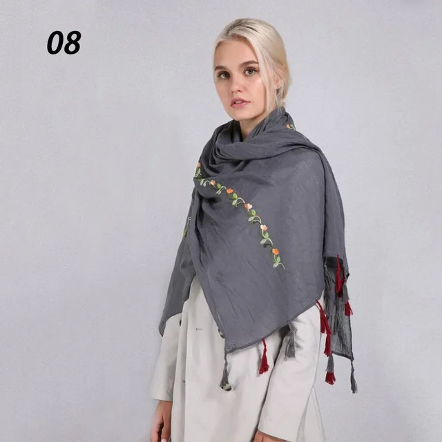 08 Dark Grey Sparsil женский весенний хлопковый льняной шарф с вышивкой, летний длинный большой шарф с кисточками, мягкий головной платок, хиджаб, летняя пляжная шаль - Цвет: 08 Dark Grey