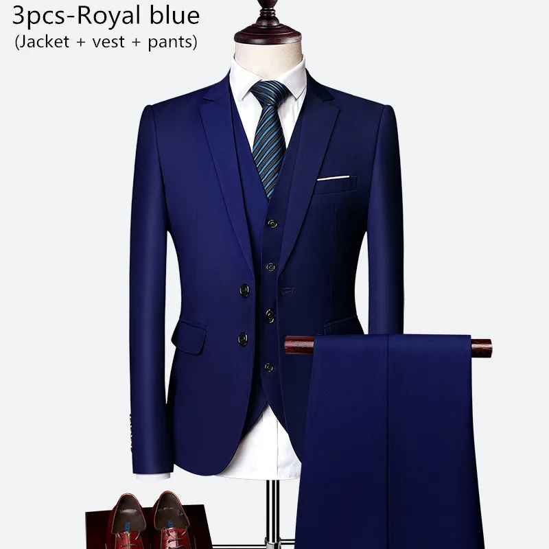 3pcs-Royal blue Деловой мужской костюм, костюм из 3 предметов, Мужской Блейзер+ жилет+ брюки, Свадебный костюм жениха на заказ, большие размеры, M-6XL, высококачественные костюмы - Цвет: 3pcs-Royal blue