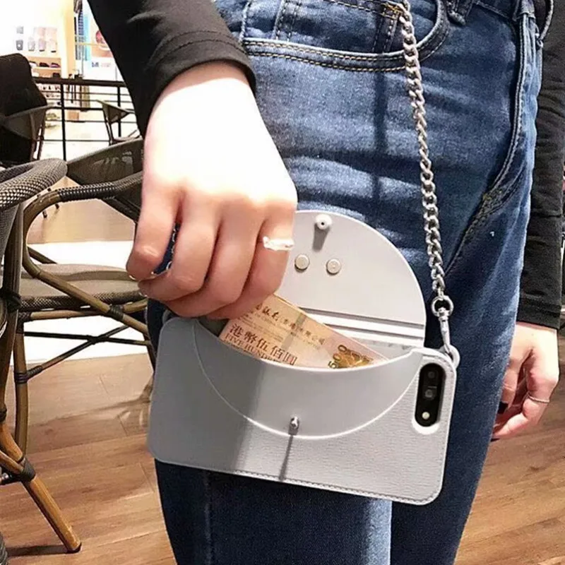 Gray FTAIDKJ Роскошный кошелек карты мягкий силиконовый Шолдер Сумка для iPhone X XS Max XR XS 10 7 6 6S 8 Plus женская сумочка кошелек с цепочкой - Цвет: Gray