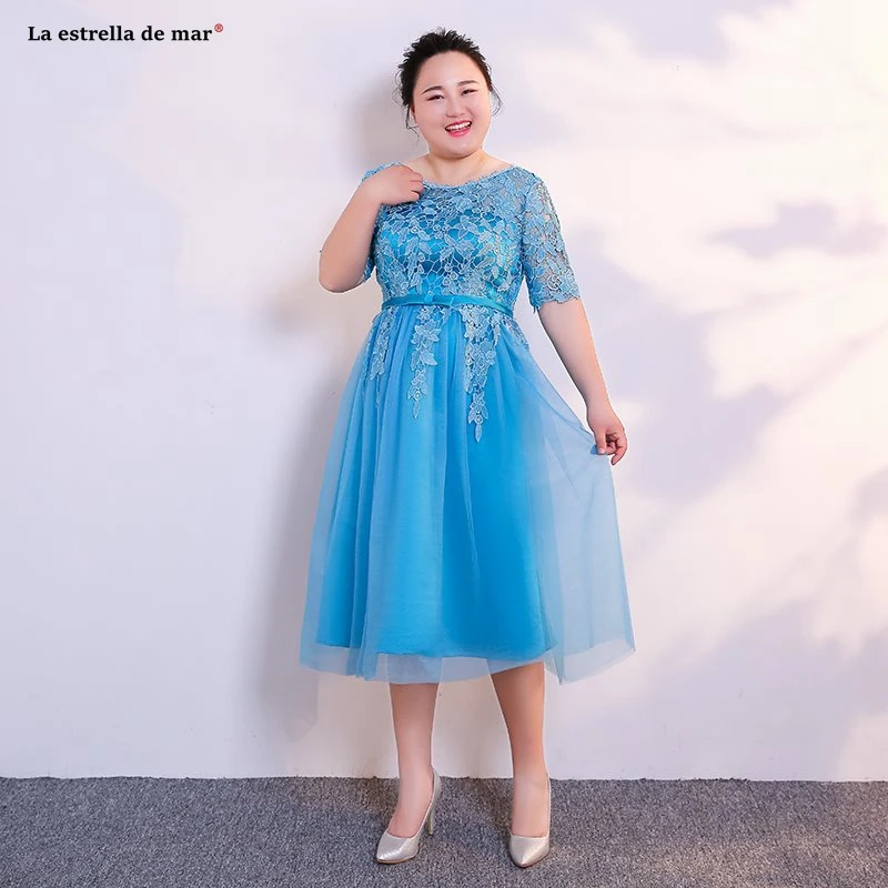 Большие размеры vestidos de madrinha, новинка, из кружева, с вырезом на шее, с коротким рукавом, трапециевидной формы, бирюзового, синего, румяна, розового цвета, свадебное платье для гостей, длина чая