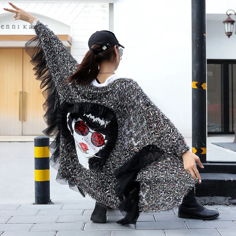 girl 2018 autumn and winter Thailand tide brand back beauty sweater ruffled bat sleeve large size long women Large |