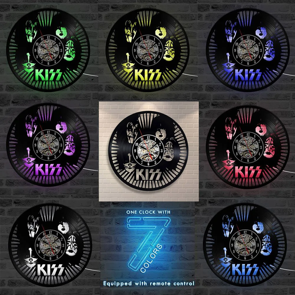 2-7 color LED Change Винтажные настенные часы с виниловой пластинкой, семь разных цветов, сменная музыкальная тема KISS Rock Band, светодиодный настенные часы, 12 дюймов - Цвет: 2-7 color LED Change