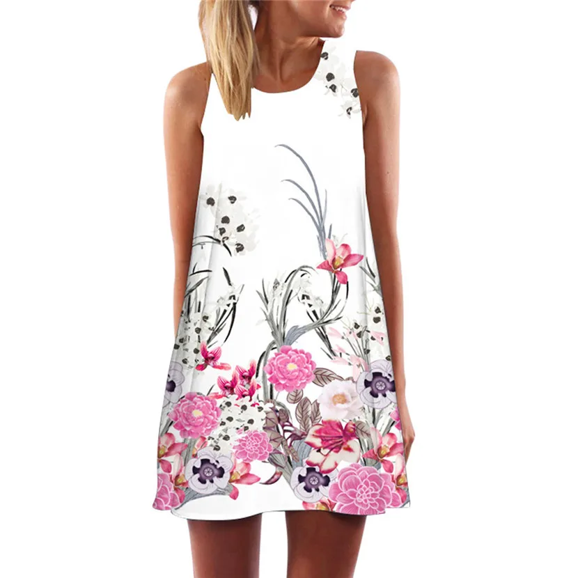 

Vintage Boho Women Summer Sleeveless Beach Printed Short Mini Dress Gift new