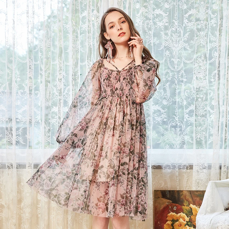 ARTKA Ранняя осень новое винтажное платье с принтом и круглым вырезом и рукавами-фонариками с высокой талией LA10281Q