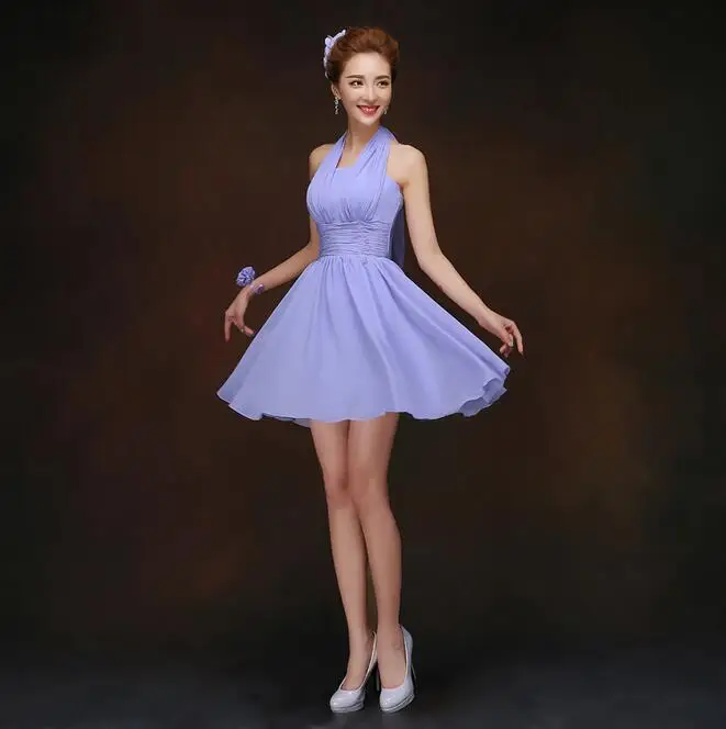 Летние короткие фиолетовые платья подружки невесты без рукавов с вырезом