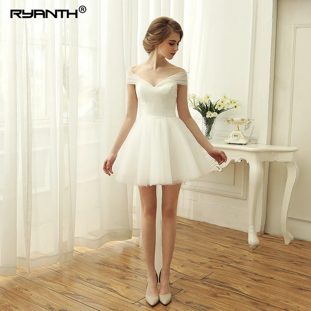 Robe de mariee милые короткие миниатюрное свадебное платье Вечерние Ruched с открытыми плечами Vestidos novia кружево на спине платья