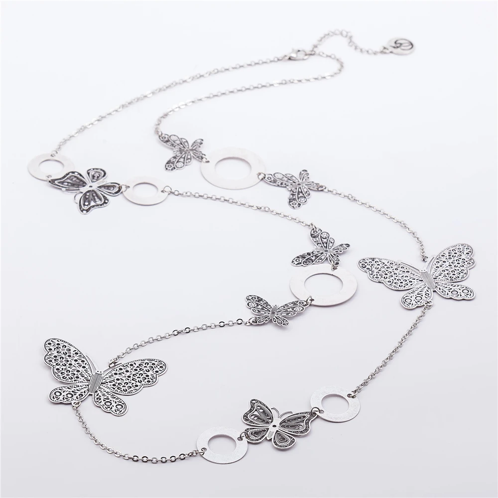 90 см серебро Цепочки и ожерелья бабочка филигрань Винтаж Colar Медь Kolye длинные Boho