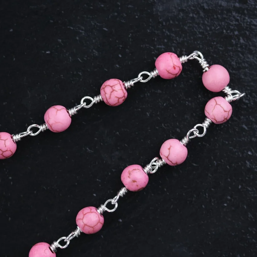 Розовые бирюзовые круглые бусины Howlite Цепи чокер Покрытые Серебряной проволокой