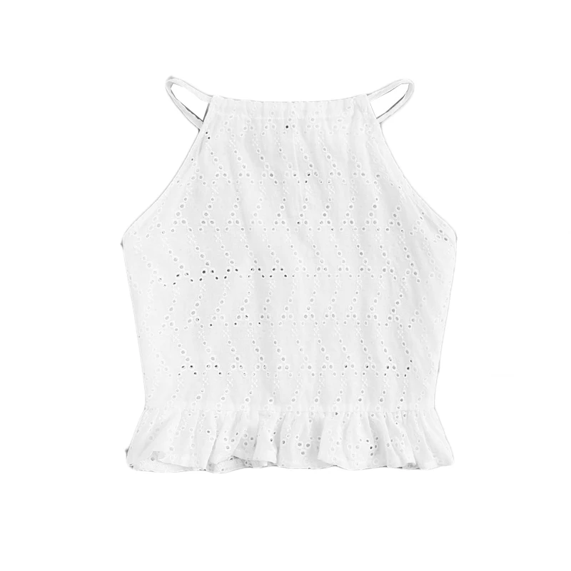 Dotfashion Одноцветный вышитый Schiffy гофрированный кроп топ с лямкой через шею женские летние топы жилет в стиле бохо для девушек и молодых милых топиков