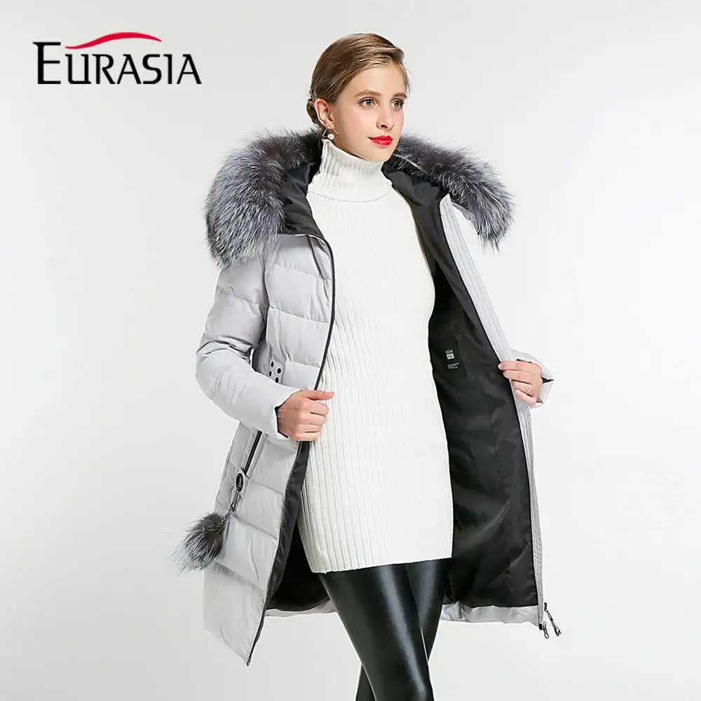 Женская зимняя куртка с капюшоном EURASIA, длинная куртка в новом дизайне с капюшоном, плотная хлопковая парка, стильные голубые куртки с воротником из натурального меха, Y170016, зима