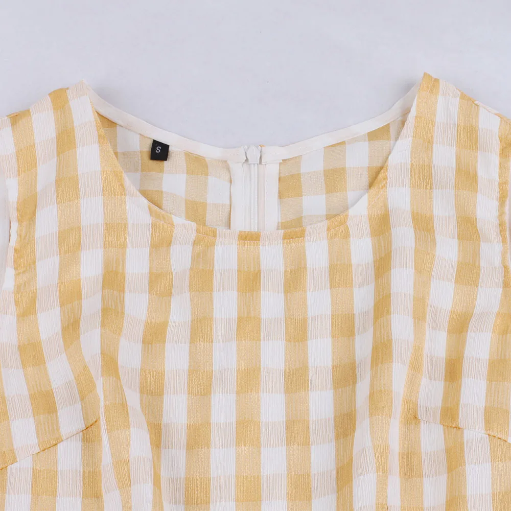 Женское клетчатое платье Hepburn винтажное желтое Повседневное с оборками в стиле