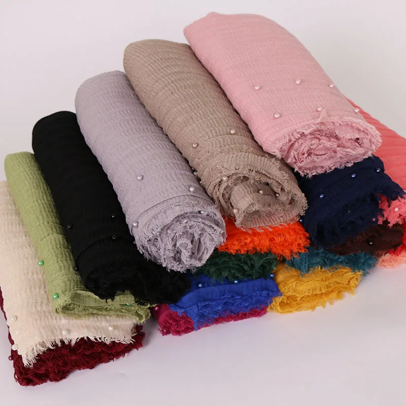 

Winter Scarf Solid Color Cotton And Linen Pearls Breathable Headscarf Winter Muslim Hijab Arab Headscarf Female Ripple